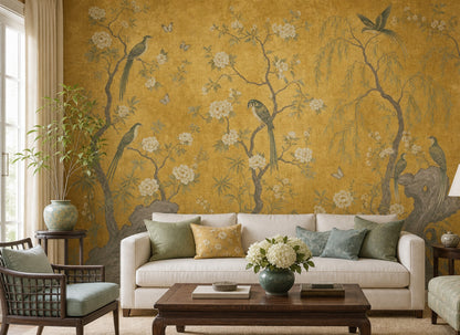 Muted Green Wallpaper Chinoiserie Gold Removable Wall Decor