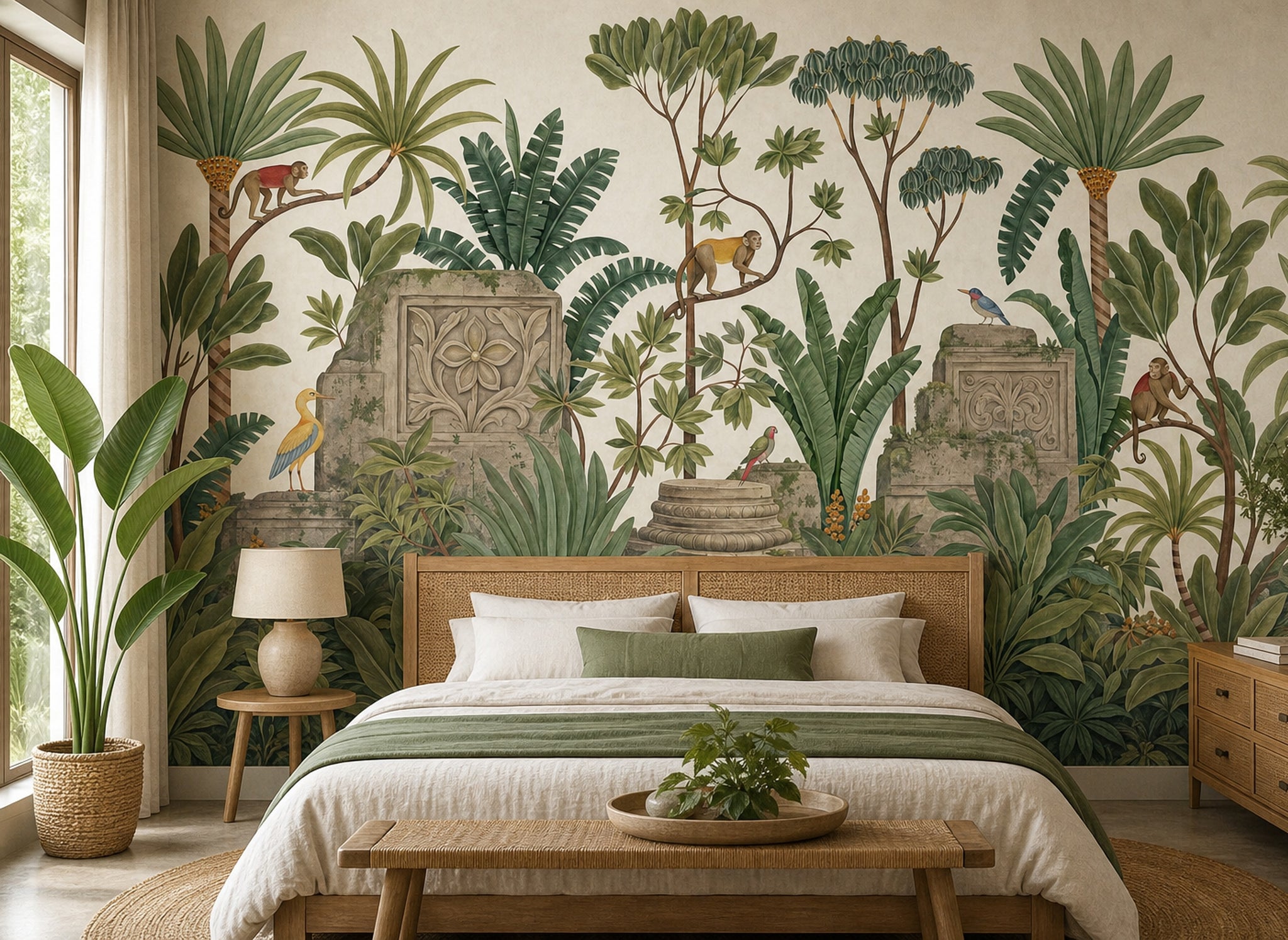Tropical Jungle Wallpaper Green Foliage Removable Monkeys Wall Decor