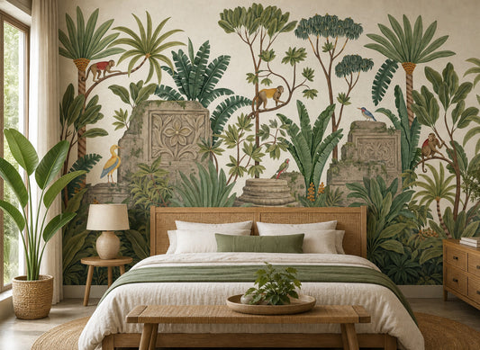 Tropical Jungle Wallpaper Green Foliage Removable Monkeys Wall Decor