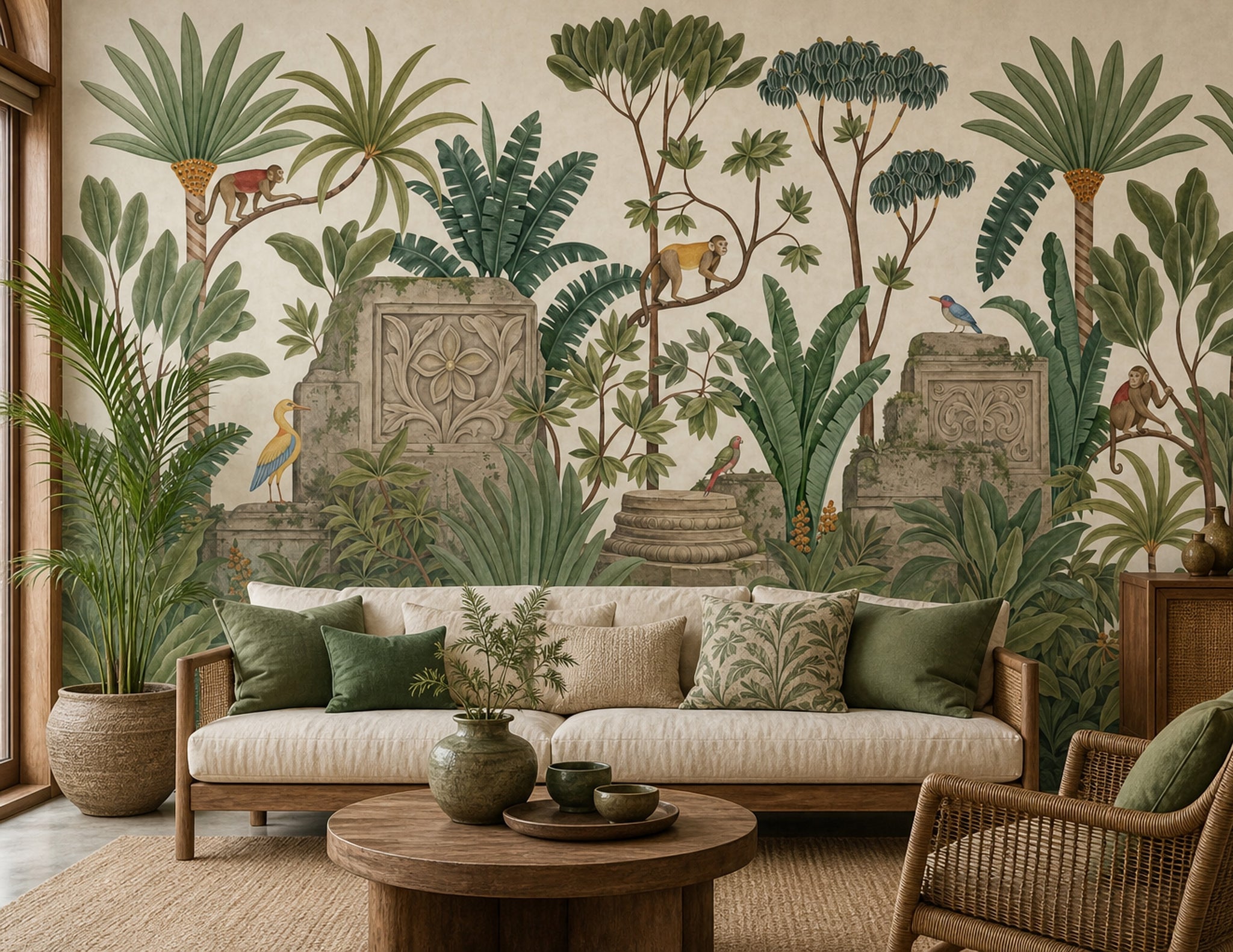 Tropical Jungle Wallpaper Green Foliage Removable Monkeys Wall Decor