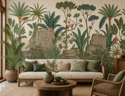 Tropical Jungle Wallpaper Green Foliage Removable Monkeys Wall Decor