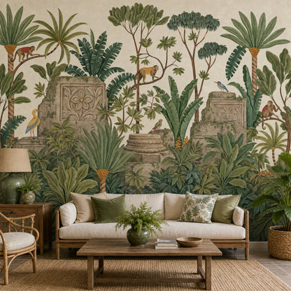 Tropical Jungle Wallpaper Green Foliage Removable Monkeys Wall Decor