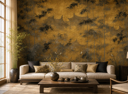 Gold Leaf Background Wallpaper Bamboo Grove Asian Landscape Removable Wall Decor