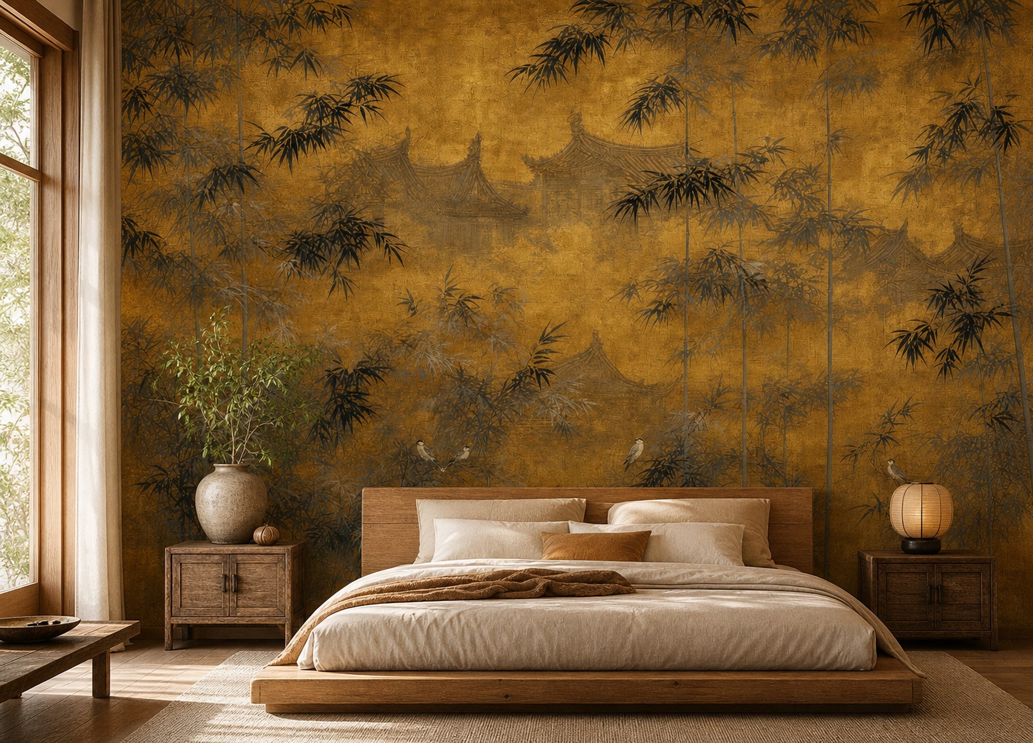Gold Leaf Background Wallpaper Bamboo Grove Asian Landscape Removable Wall Decor