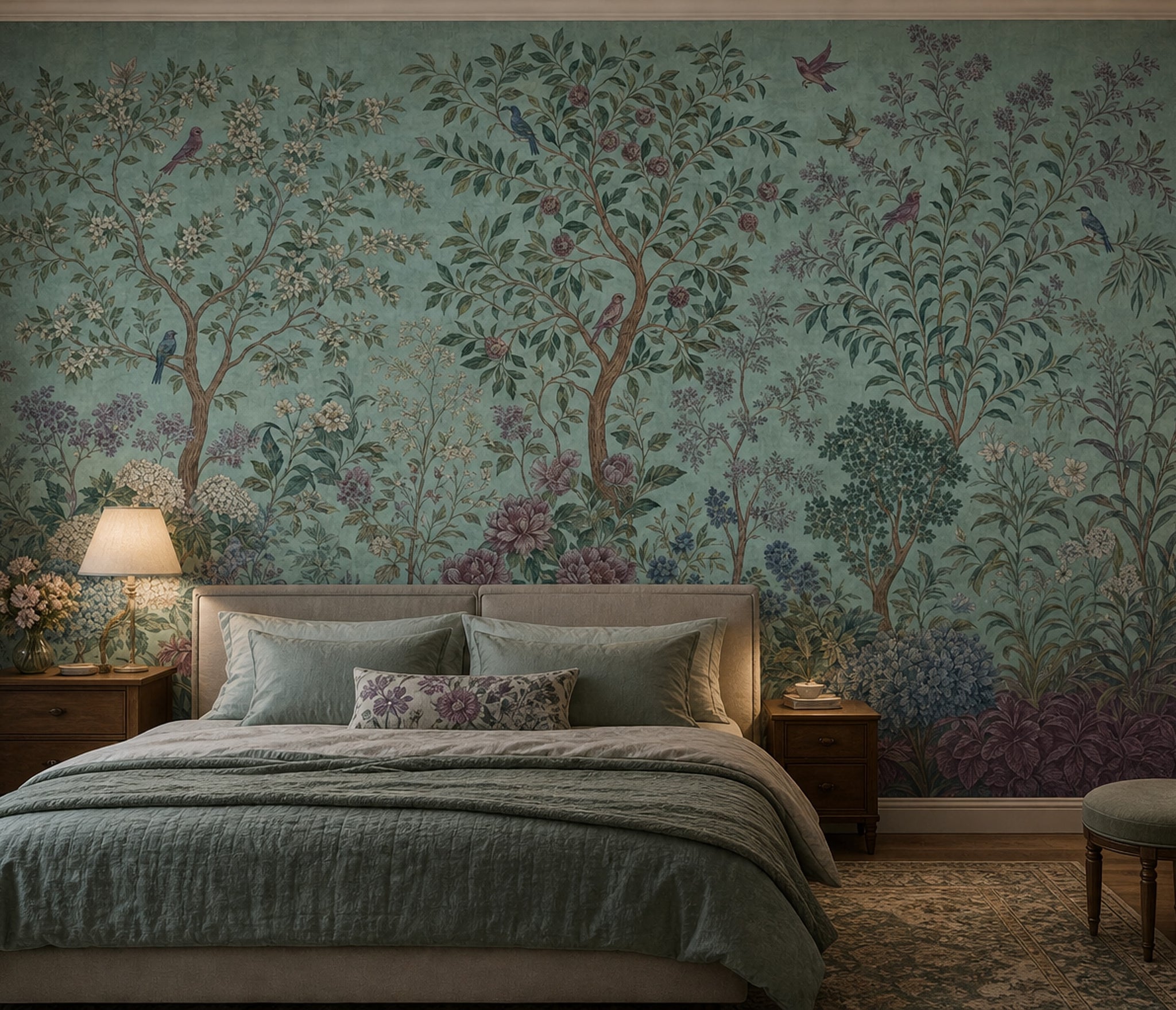 Teal Botanical Wallpaper Vintage Garden Chinoiserie Inspired Wall Mural