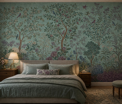 Teal Botanical Wallpaper Vintage Garden Chinoiserie Inspired Wall Mural