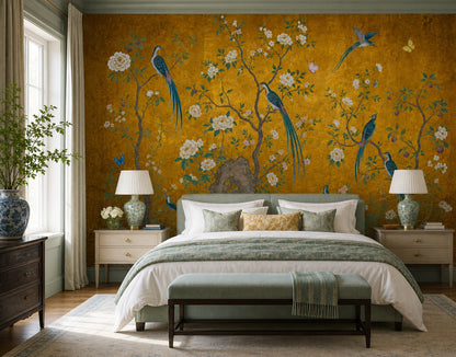 Chinoiserie Wallpaper Gold Leaf Background Removable Oriental Birds Wall Decor