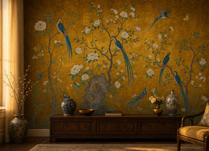 Chinoiserie Wallpaper Gold Leaf Background Removable Oriental Birds Wall Decor