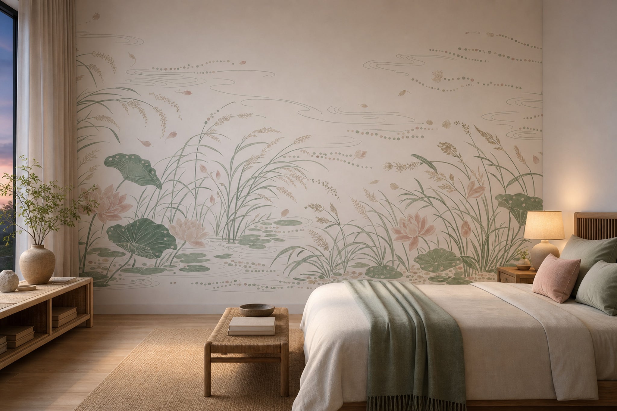Lotus Pond Wallpaper Water Lilies Sage Green Removable Wall Decor