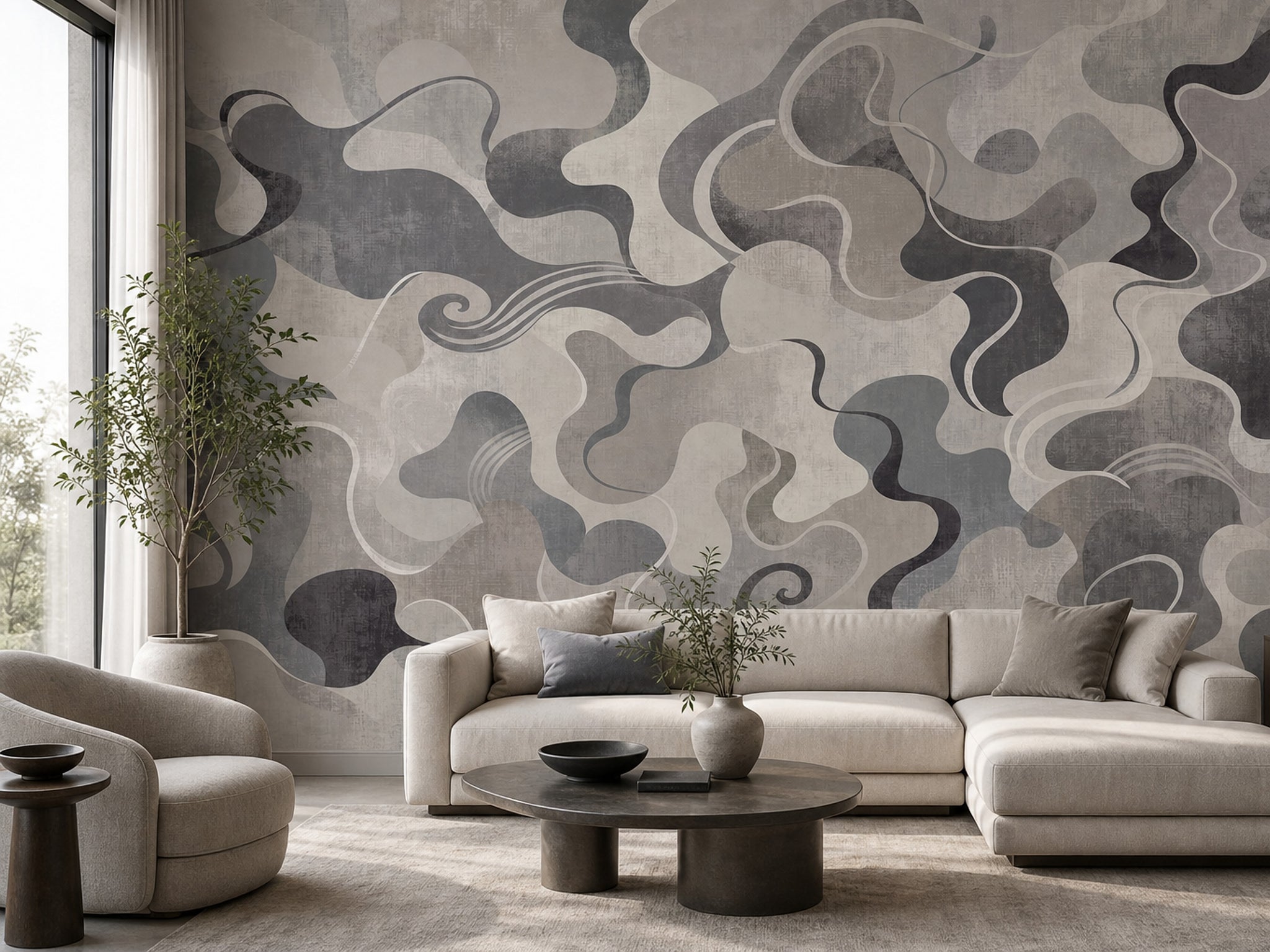 Abstract Wallpaper Organic Shapes Wavy Lines Removable Wall Decor