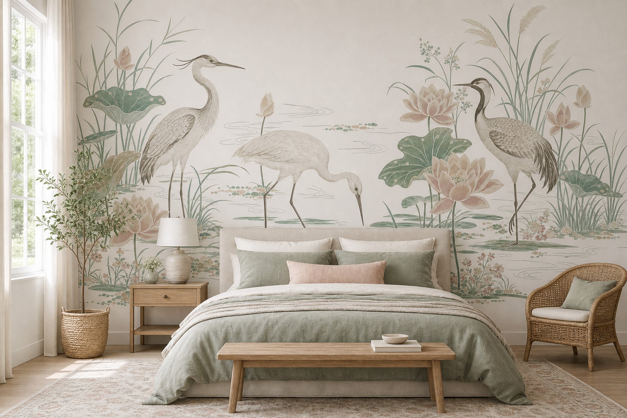 Wetland Landscape Wallpaper Cranes Removable Asian Inspired Wall Decor