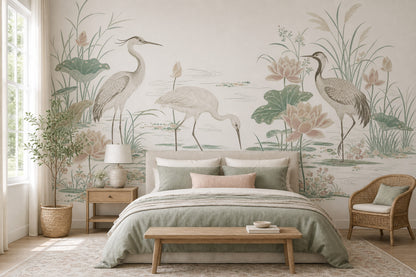 Wetland Landscape Wallpaper Cranes Removable Asian Inspired Wall Decor