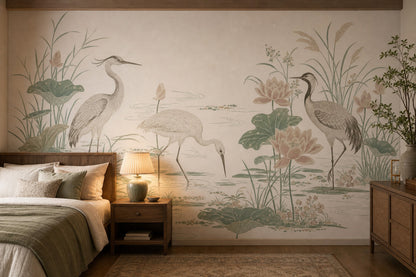Wetland Landscape Wallpaper Cranes Removable Asian Inspired Wall Decor