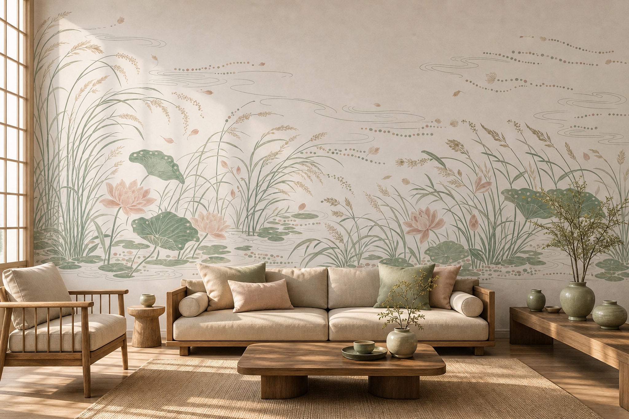 Lotus Pond Wallpaper Water Lilies Sage Green Removable Wall Decor