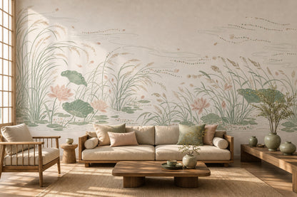 Lotus Pond Wallpaper Water Lilies Sage Green Removable Wall Decor