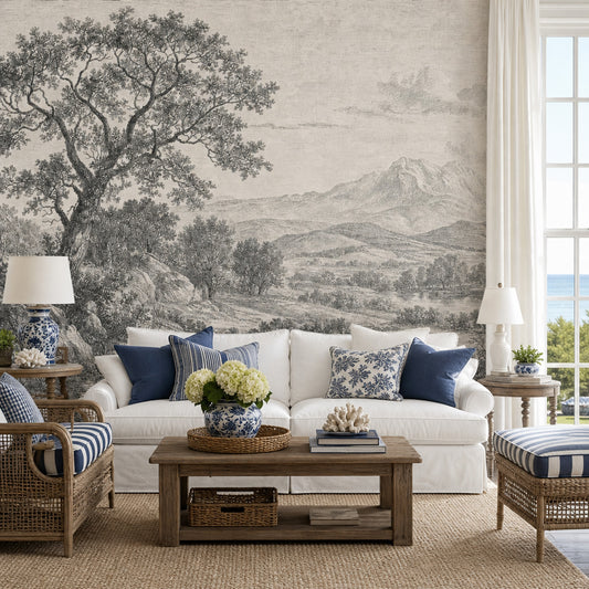 Vintage Landscape Wallpaper Engraving Removable Tree Foreground Wall Decor