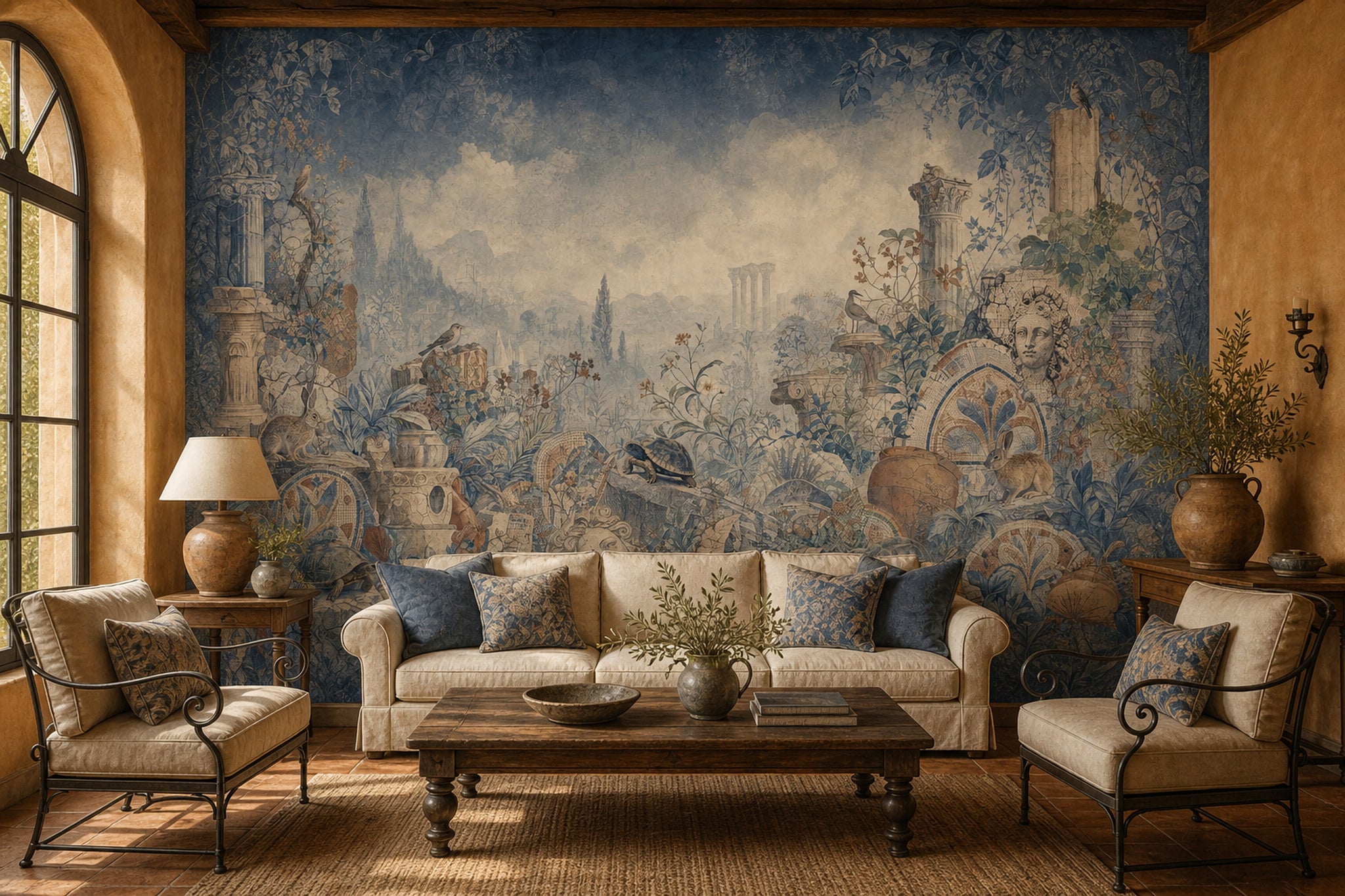 Classical Ruins Wallpaper Mosaic Botanical Vines Removable Wall Decor