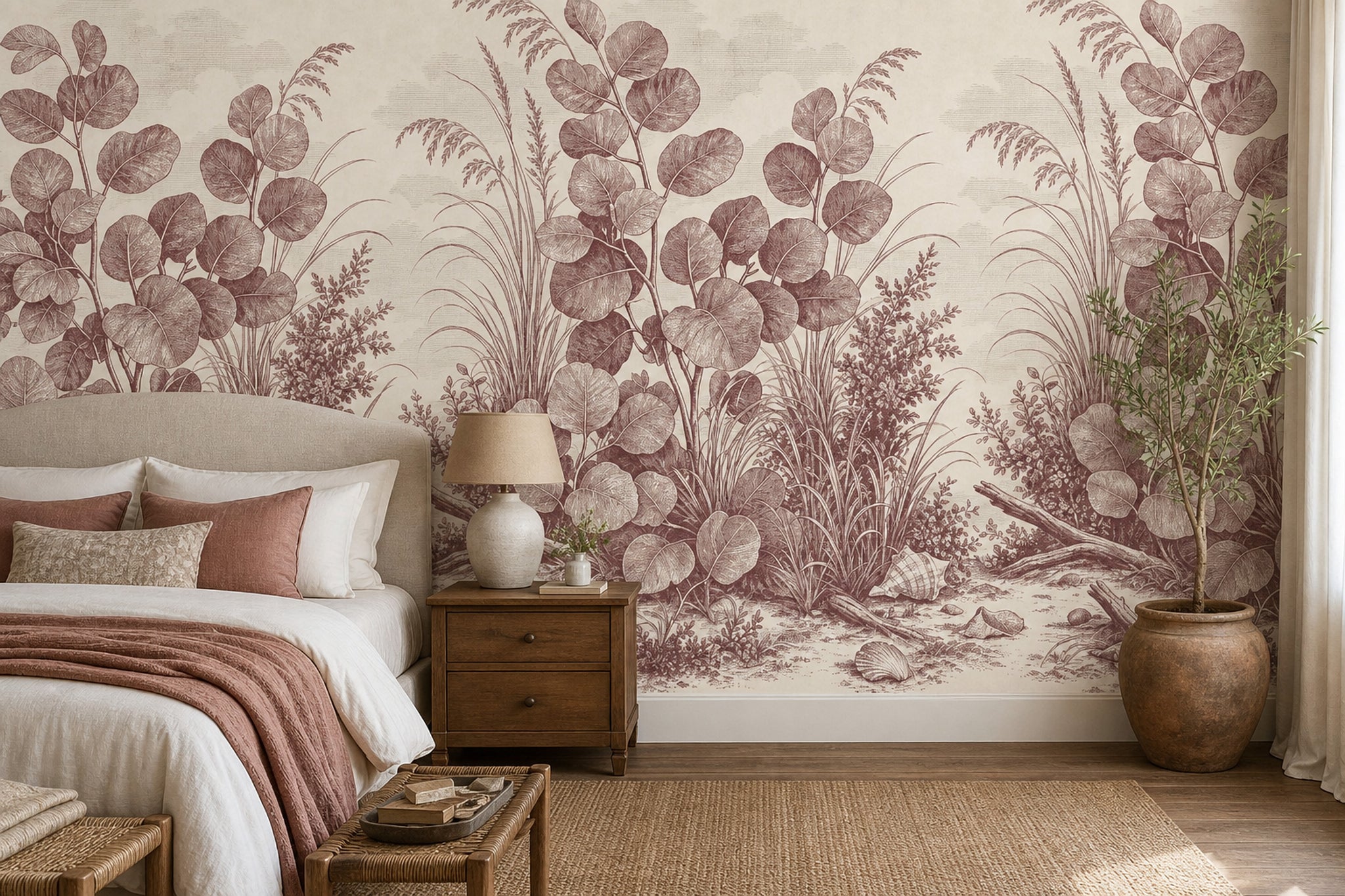 Coastal Botanical Wallpaper Toile Illustration Beach Grass Wall Mural