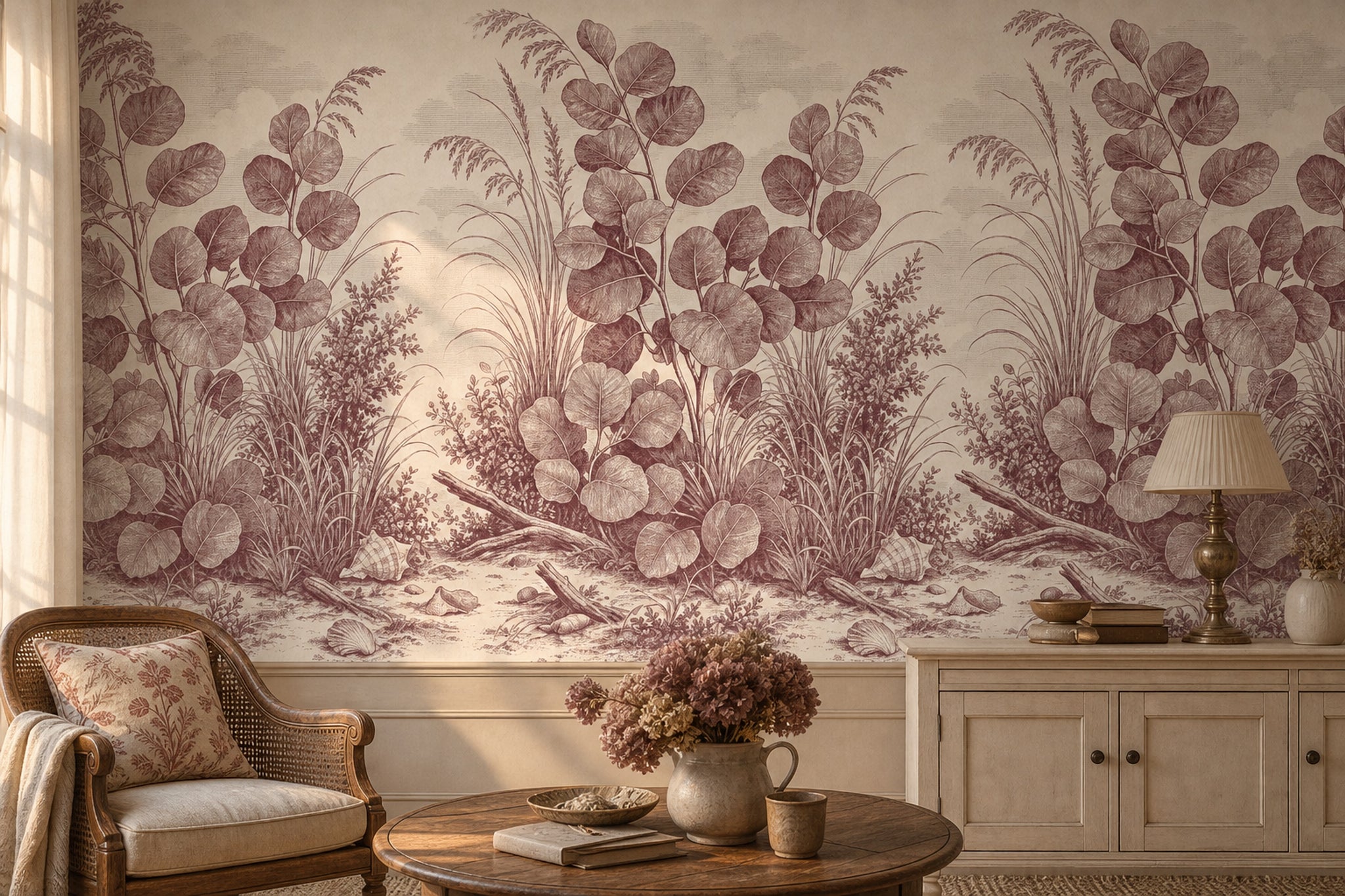 Coastal Botanical Wallpaper Toile Illustration Beach Grass Wall Mural