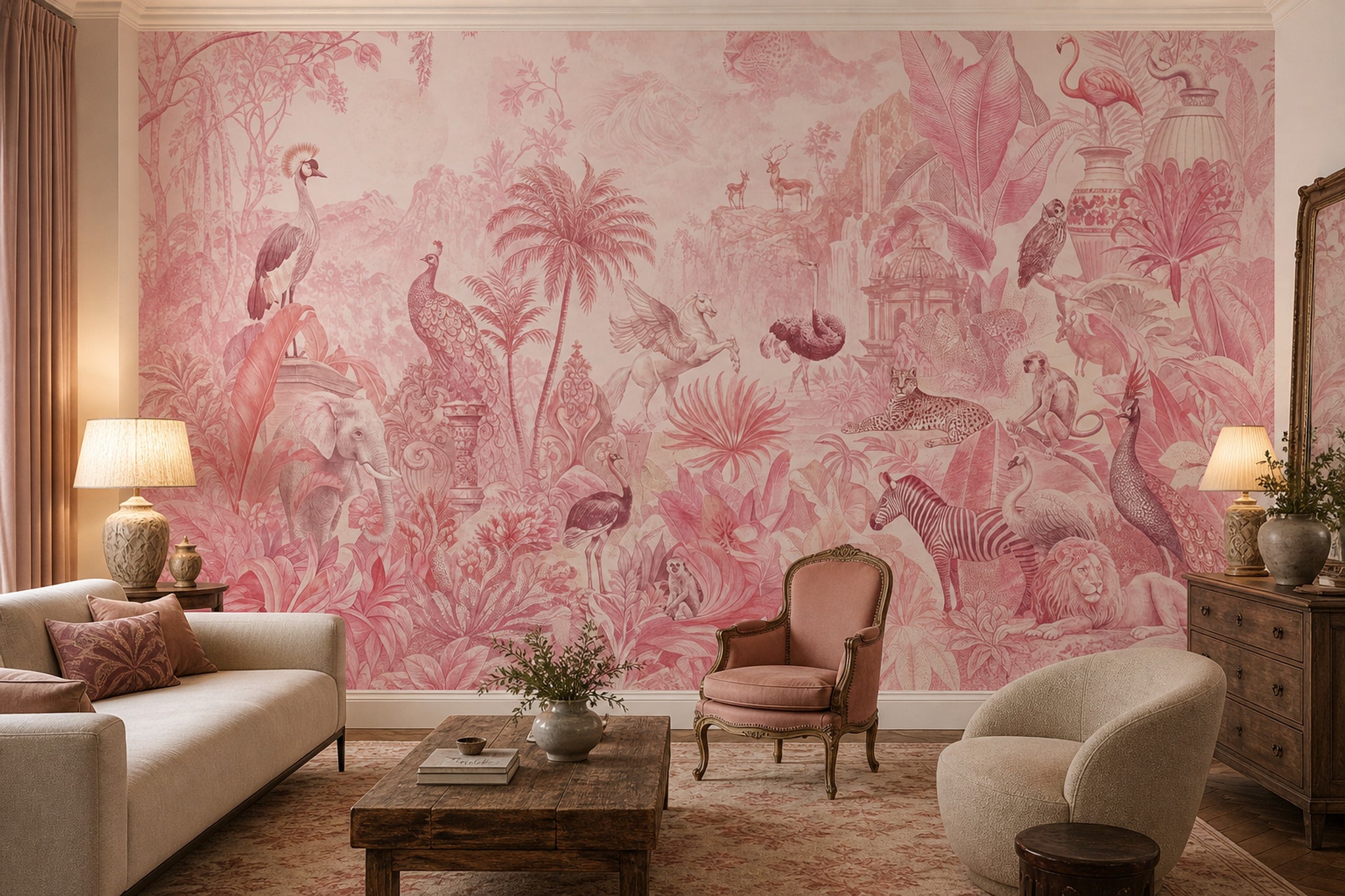Tropical Jungle Wallpaper Toile Removable Safari Animals Wall Decor