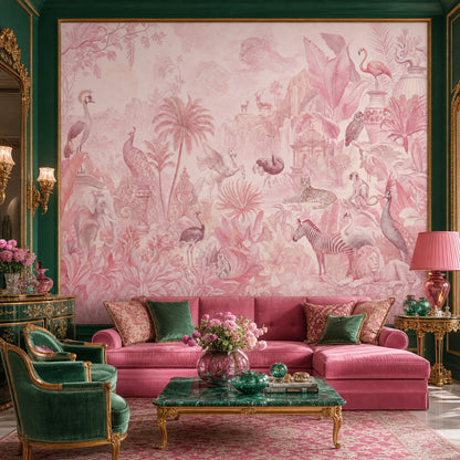 Tropical Jungle Wallpaper Toile Removable Safari Animals Wall Decor