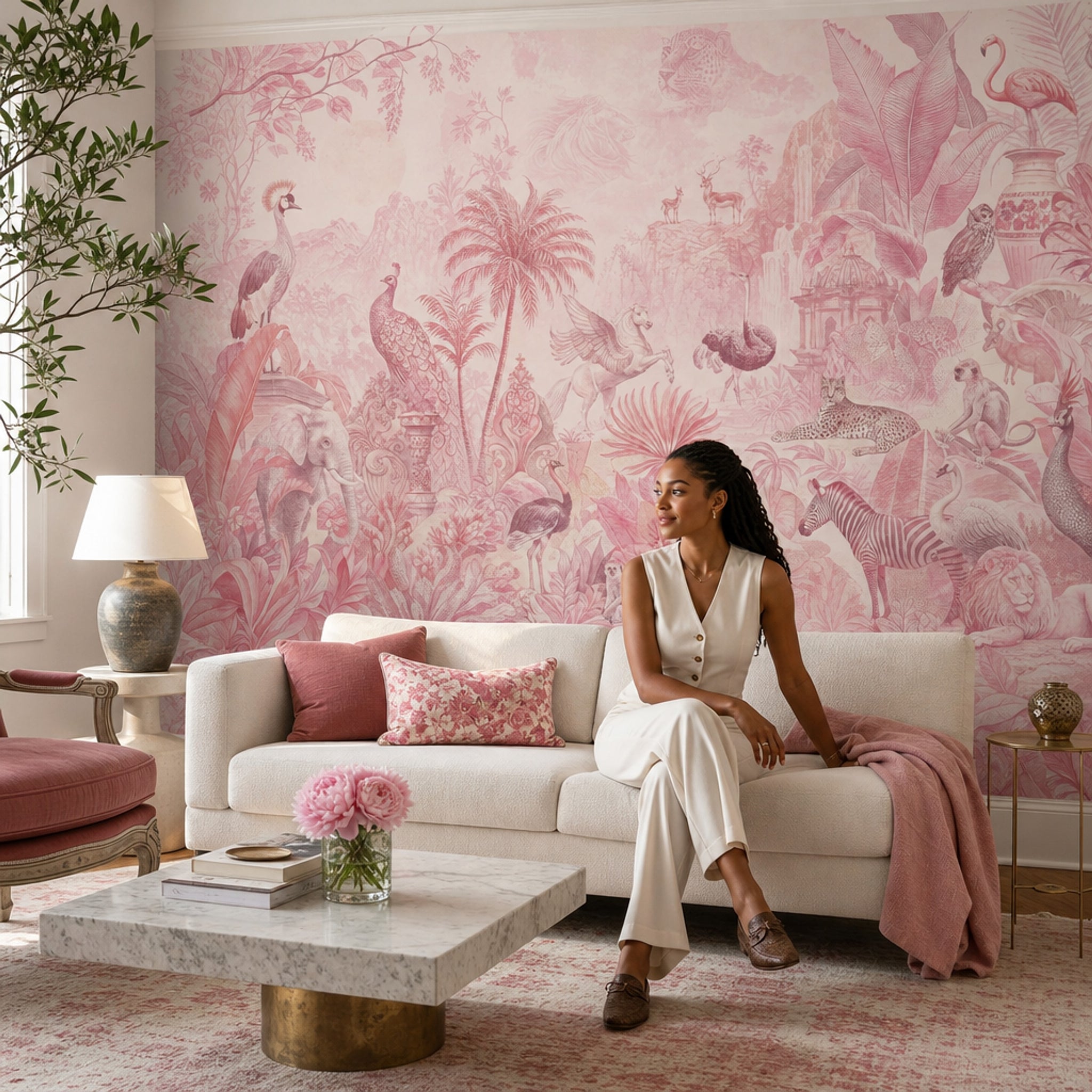 Tropical Jungle Wallpaper Toile Removable Safari Animals Wall Decor