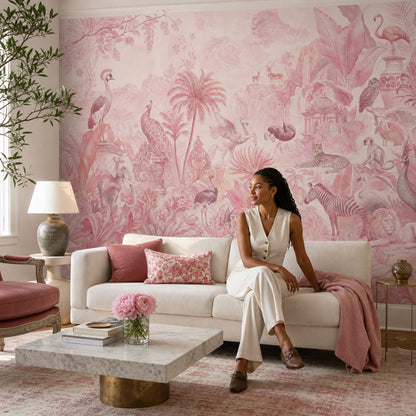Tropical Jungle Wallpaper Toile Removable Safari Animals Wall Decor