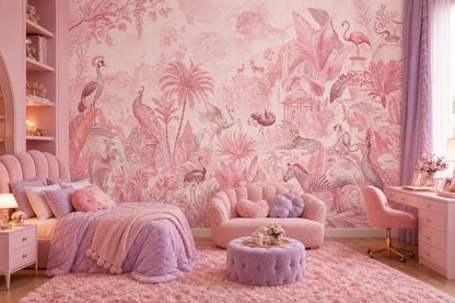 Tropical Jungle Wallpaper Toile Removable Safari Animals Wall Decor