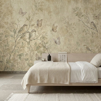 Vintage Botanical Wallpaper Birds On Branches Butterflies Wall Mural