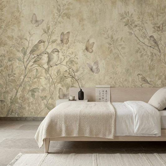 Vintage Botanical Wallpaper Birds On Branches Butterflies Wall Mural