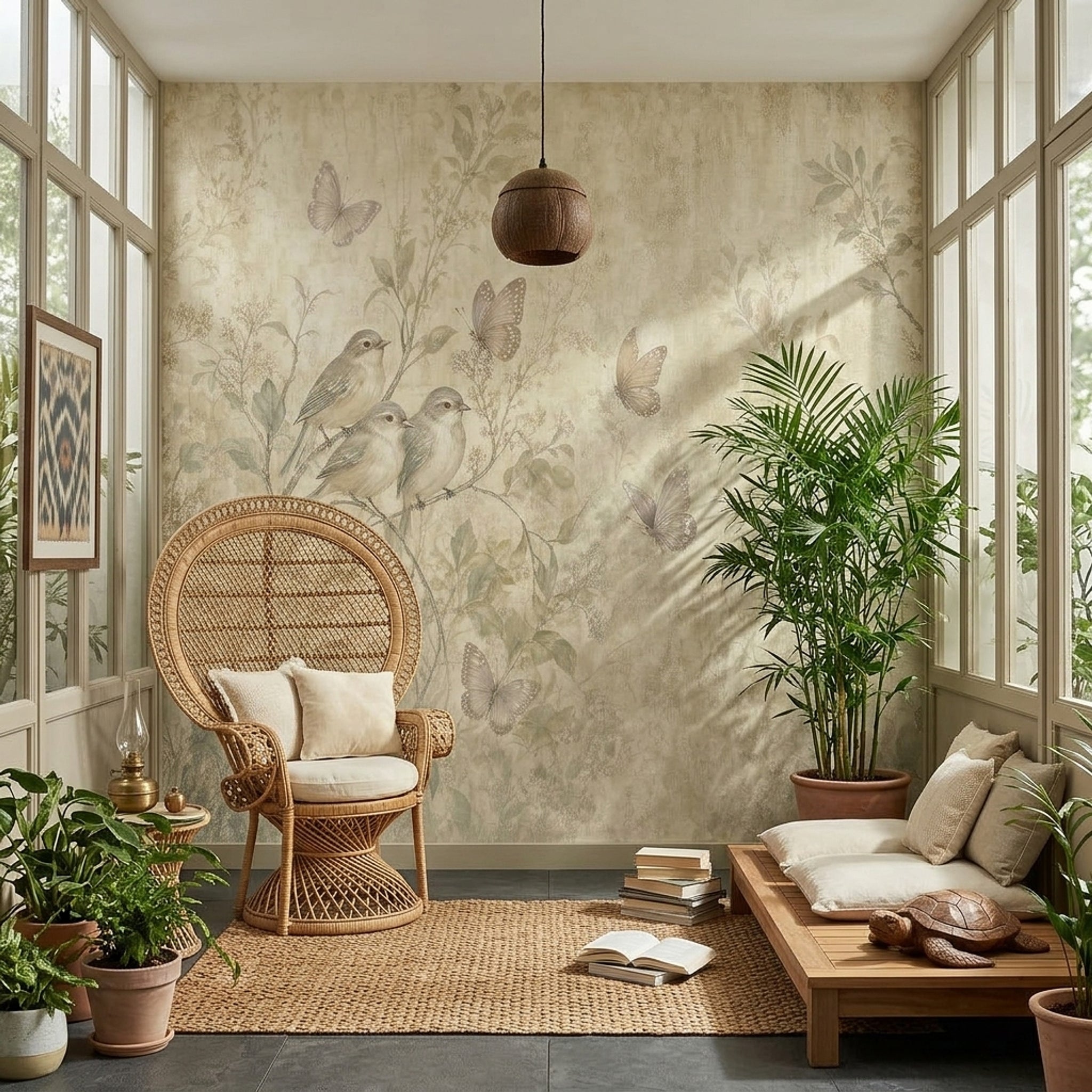 Vintage Botanical Wallpaper Birds On Branches Butterflies Wall Mural