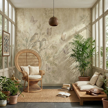 Vintage Botanical Wallpaper Birds On Branches Butterflies Wall Mural
