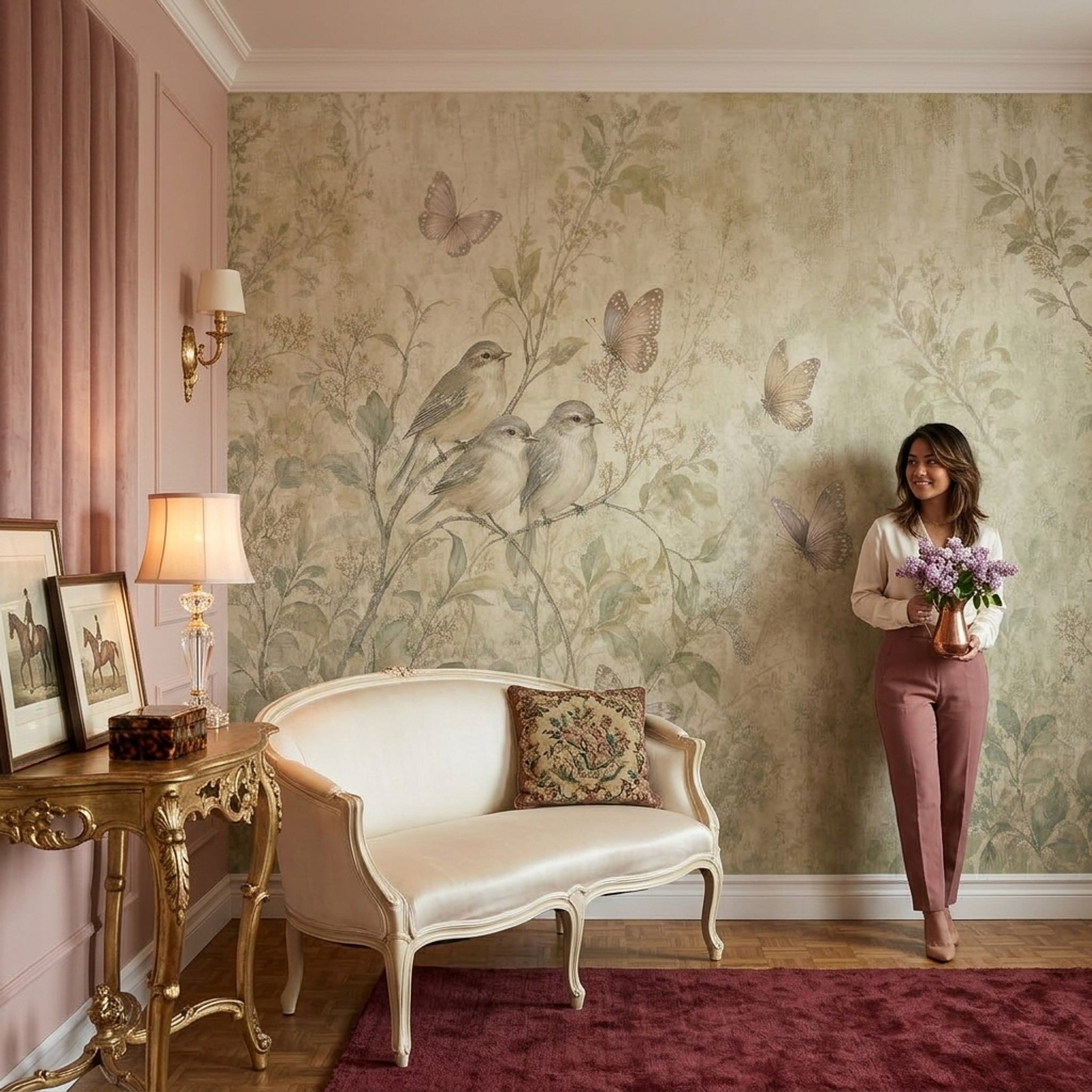 Vintage Botanical Wallpaper Birds On Branches Butterflies Wall Mural