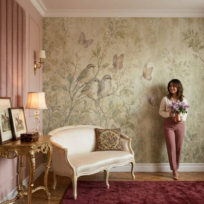 Vintage Botanical Wallpaper Birds On Branches Butterflies Wall Mural