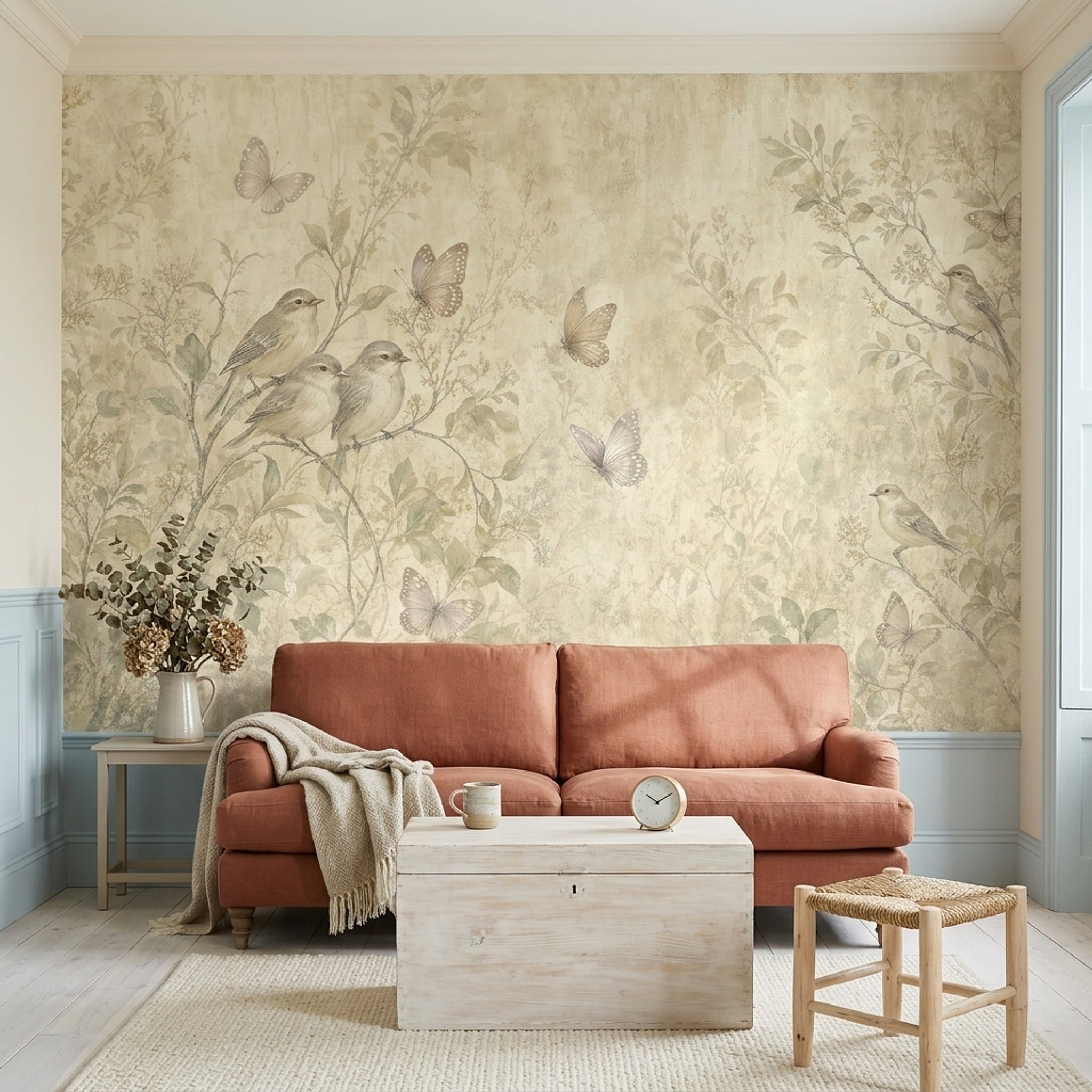 Vintage Botanical Wallpaper Birds On Branches Butterflies Wall Mural