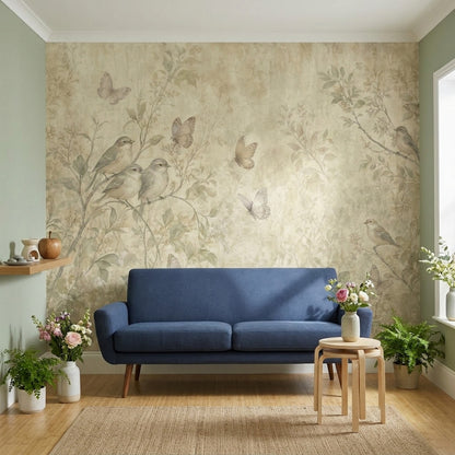 Vintage Botanical Wallpaper Birds On Branches Butterflies Wall Mural