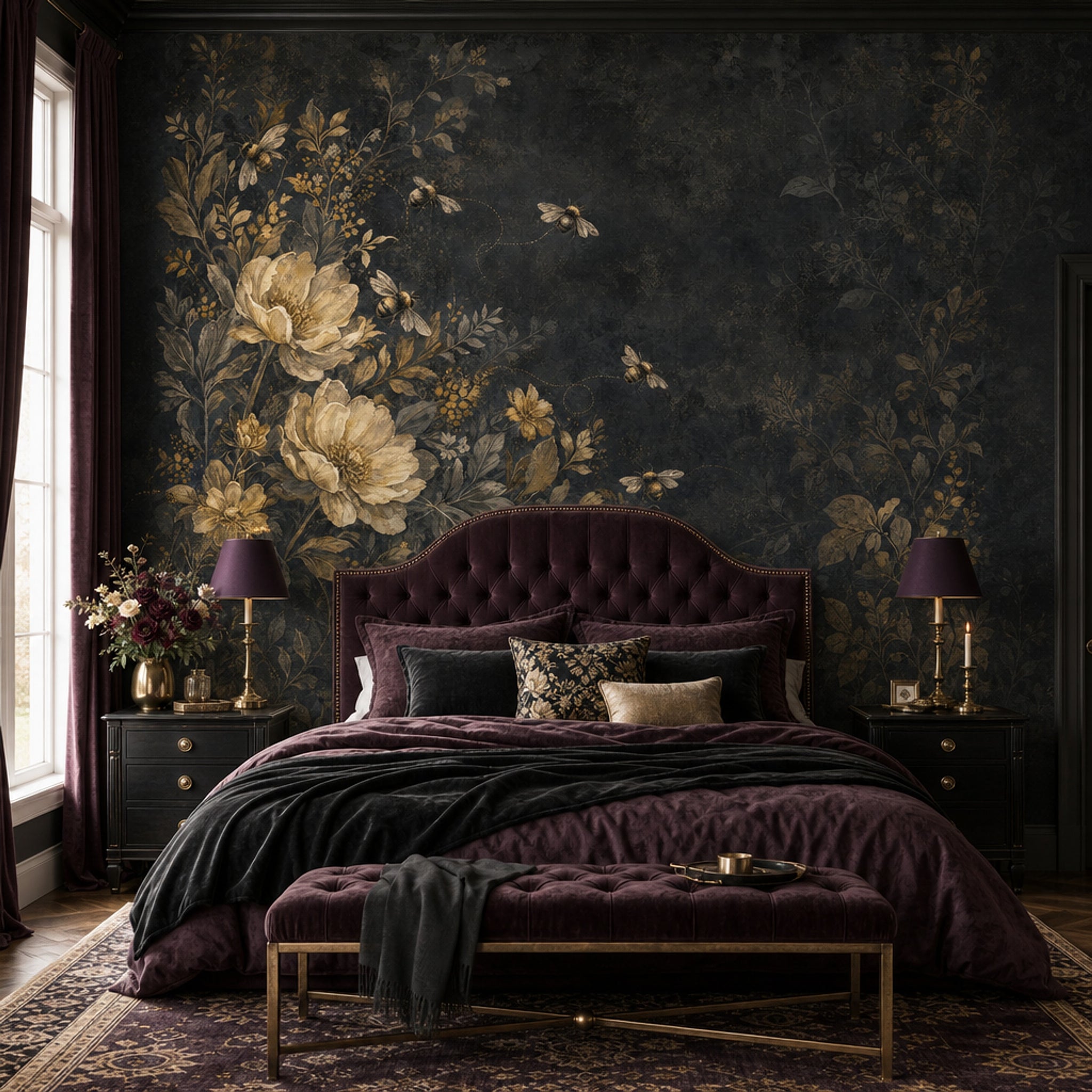 Vintage Floral Wallpaper Botanical Bees Wall Mural