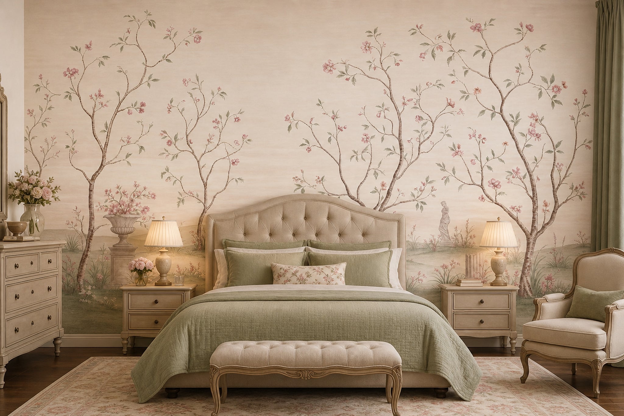 Muted Green Wallpaper Blossom Pastel Removable Wall Decor