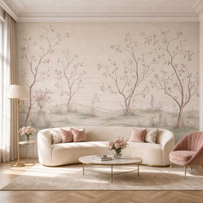 Muted Green Wallpaper Blossom Pastel Removable Wall Decor