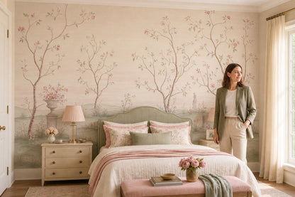 Muted Green Wallpaper Blossom Pastel Removable Wall Decor