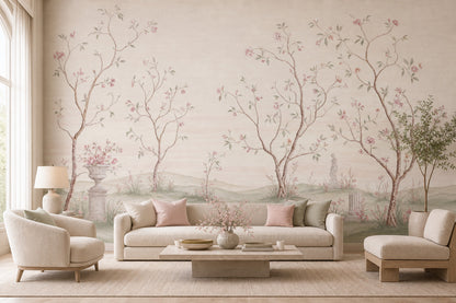 Muted Green Wallpaper Blossom Pastel Removable Wall Decor