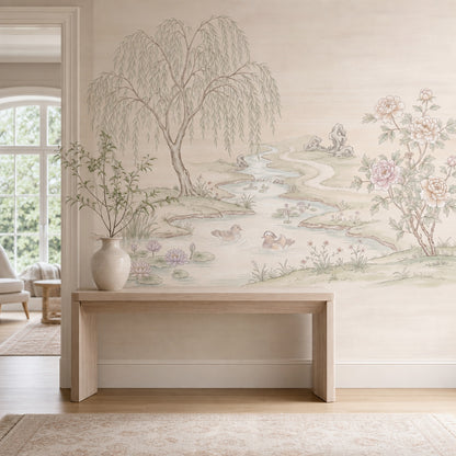 Pastel Landscape Wallpaper Willow Tree Winding River Wall Mural
