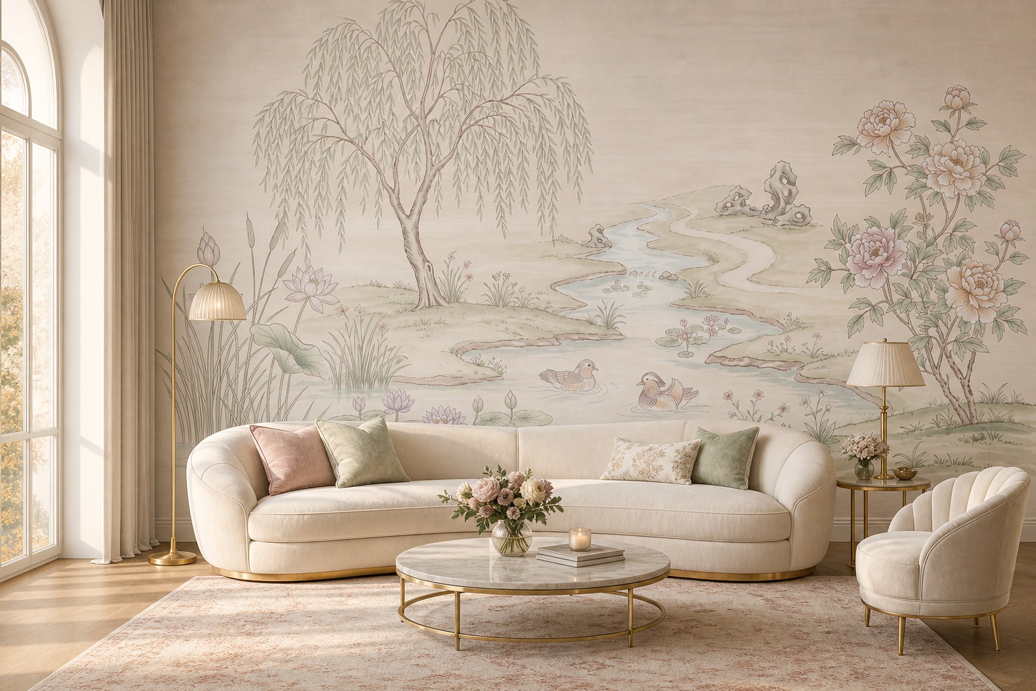 Pastel Landscape Wallpaper Willow Tree Winding River Wall Mural