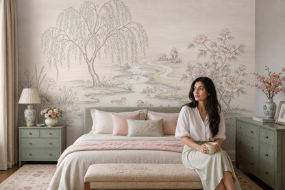 Pastel Landscape Wallpaper Willow Tree Winding River Wall Mural