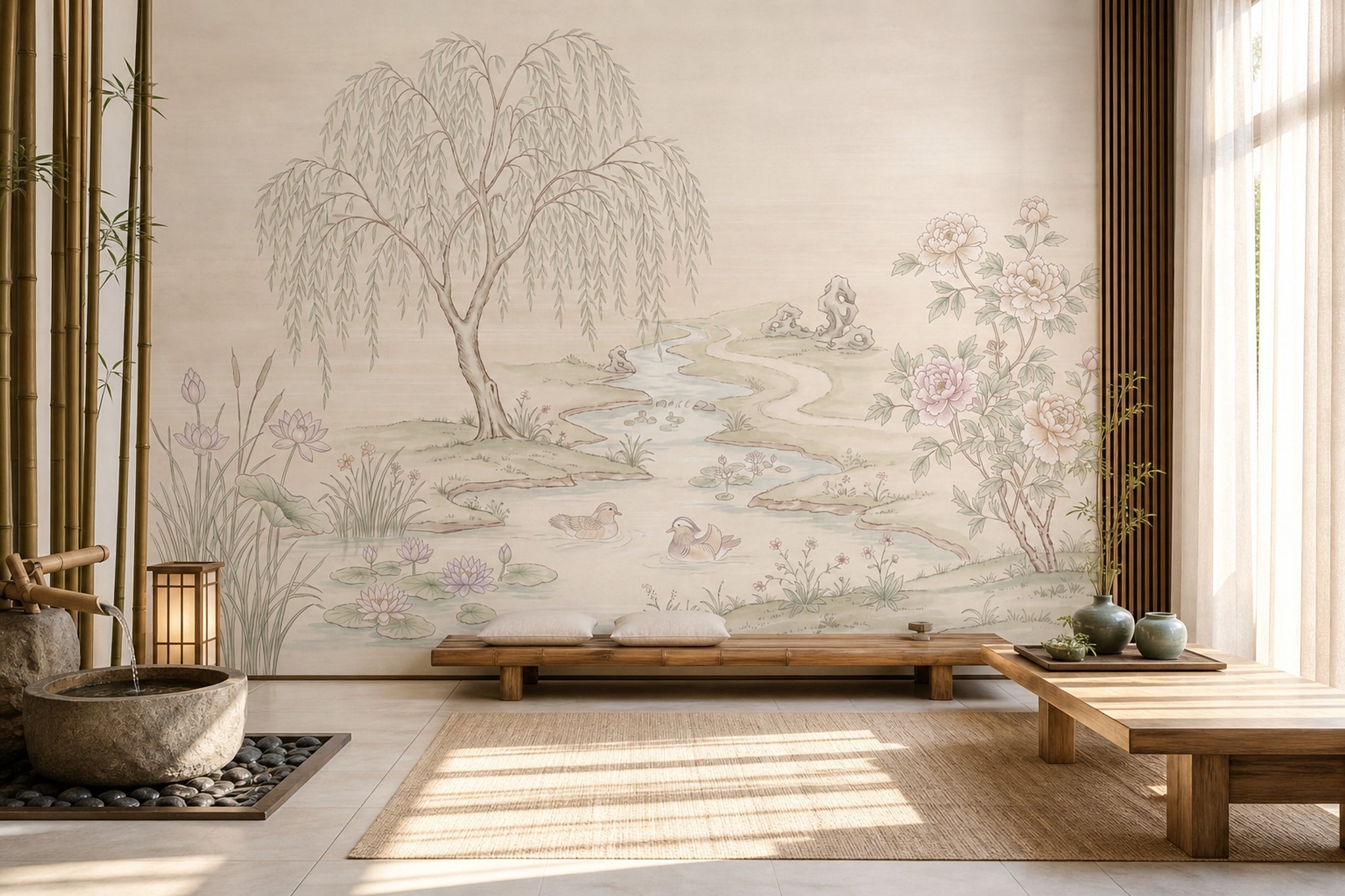 Pastel Landscape Wallpaper Willow Tree Winding River Wall Mural