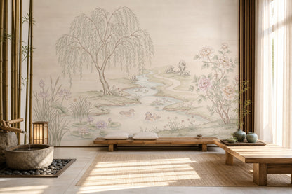 Pastel Landscape Wallpaper Willow Tree Winding River Wall Mural