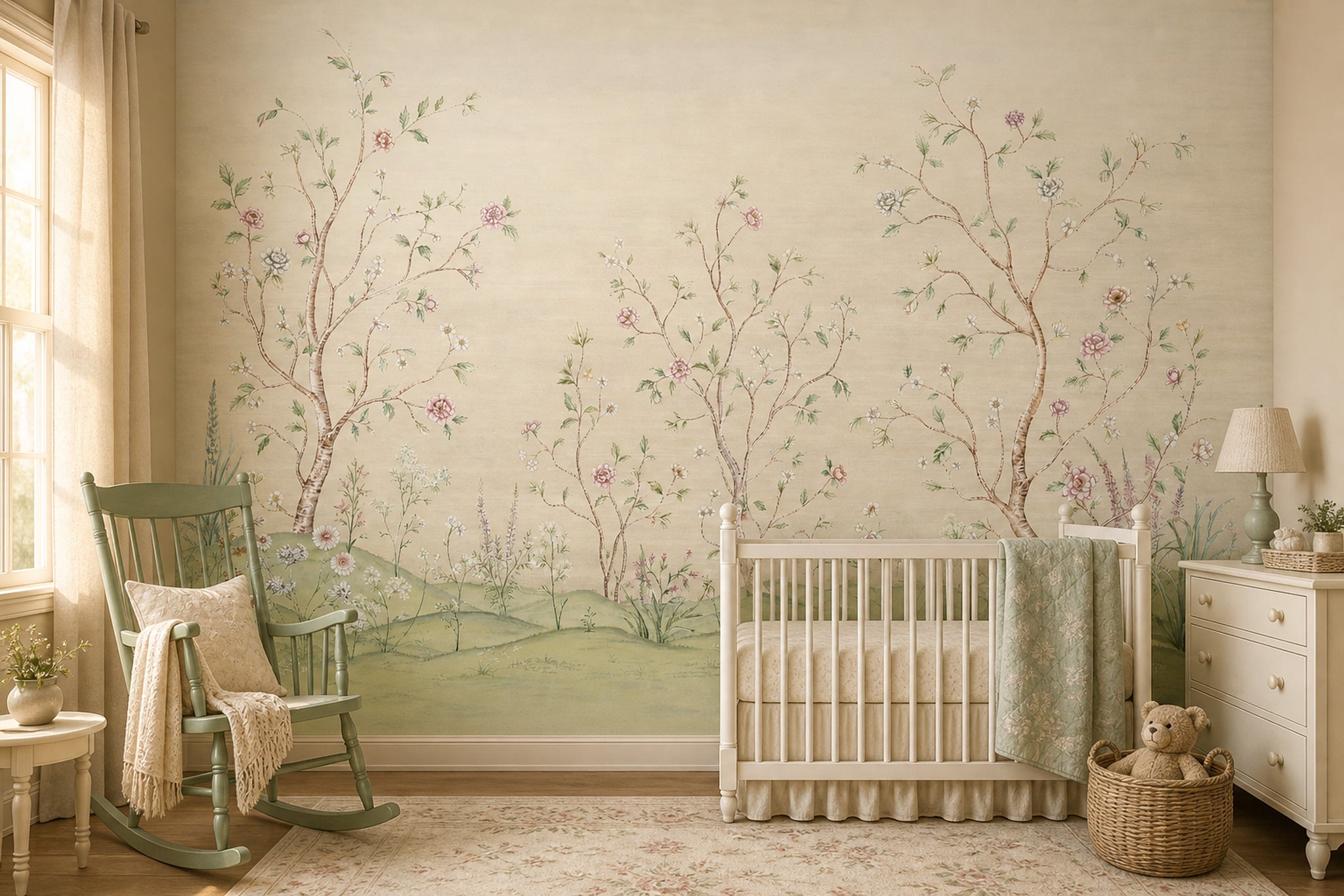 Muted Green Wallpaper Botanical Removable Watercolor Wall Decor