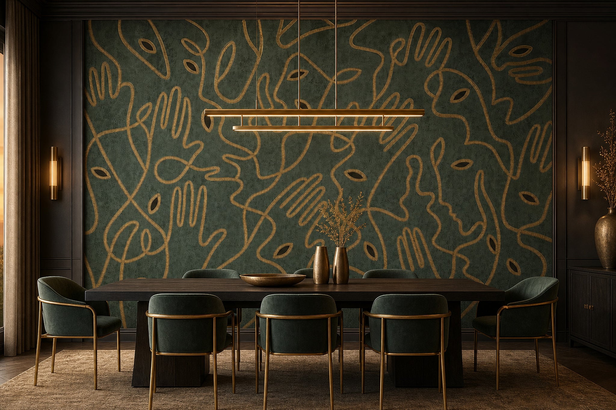 Continuous Line Faces Wallpaper Modern Portrait Pattern Removable Gold Outline Wall Decor