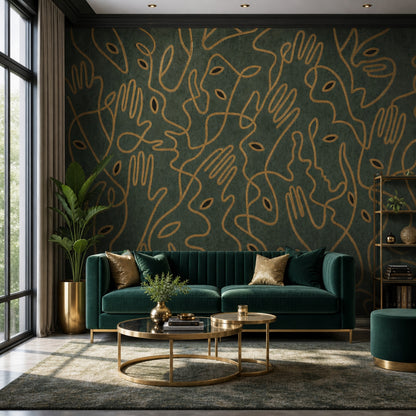 Continuous Line Faces Wallpaper Modern Portrait Pattern Removable Gold Outline Wall Decor