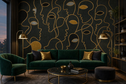 Abstract Faces Wallpaper Gold Line Art Modern Mural Removable Wall Decor